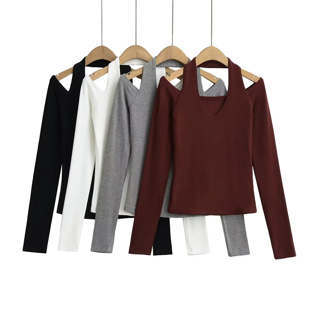 

GELITAYIN женская двухслойная базовая футболка с v-образным вырезом и открытыми плечами, весна/лето, новая женская одежда