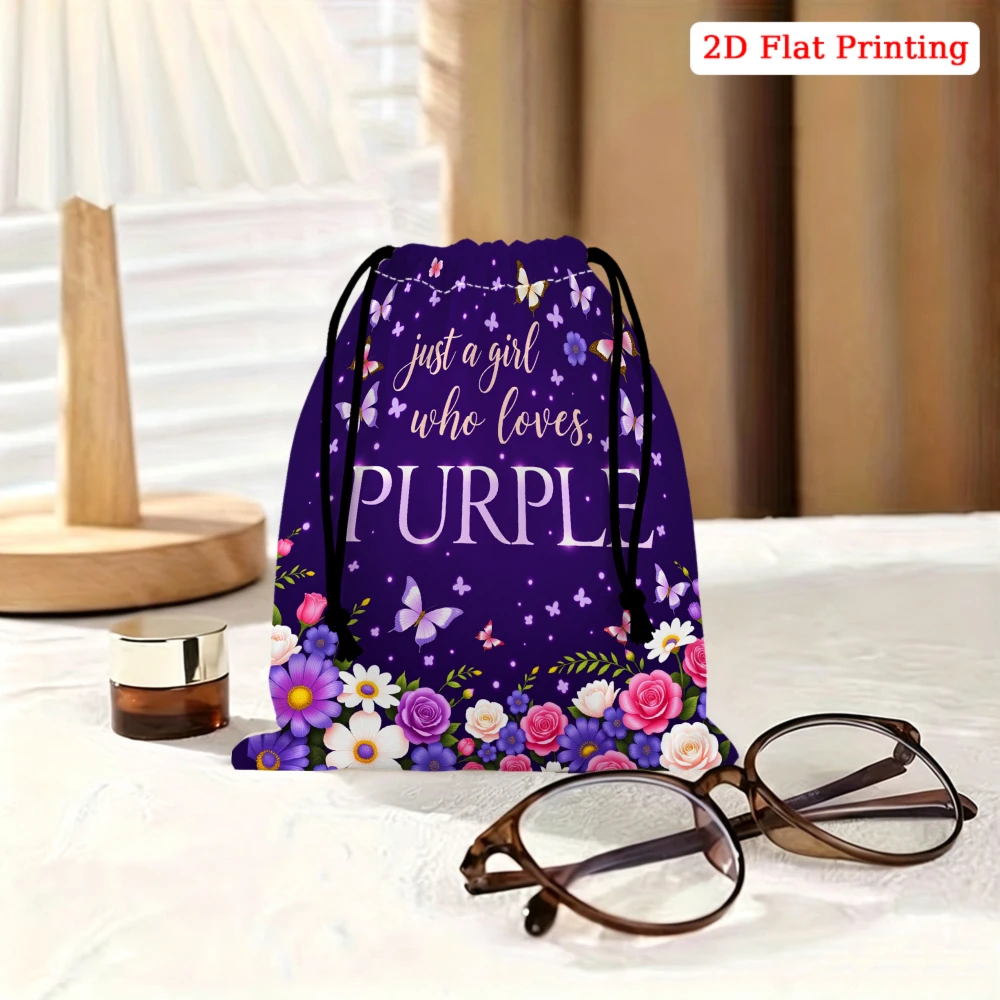 1pc Floral Butterfly Print Drawstring Bag Purple Just A Girl Who Loves Purple Storage Small Pouch For Travel Cosmetics Organizat