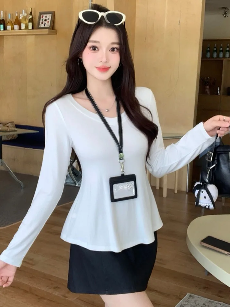 

plus Size Women's Long Sleeve U-Neck T-Shirt Slimming Design Waist-Cinching Base Layer Top Korean Style Commute Fashion
