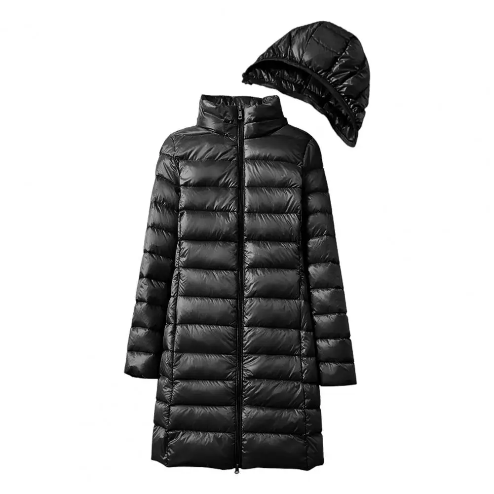 White Down Coat Thickened Padded Winter Down Coat with Plush Hood Storage Bag Windproof Mid Length for Outwear for Weather