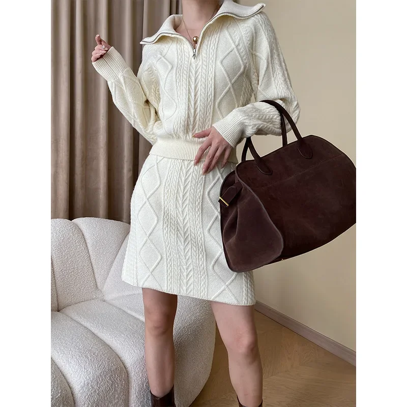 Women's Knitted Suit Fashion Commuter Solid Color High Quality Lapel Twist Knitted Pullover Sweater Mini Skirt 2pcs Matching Set