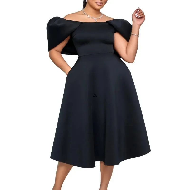 

2024 African Dresses for Women Elegant Polyester Fashion Short Sleeve White Pink Black Party Evening Midi Dress African Clothes