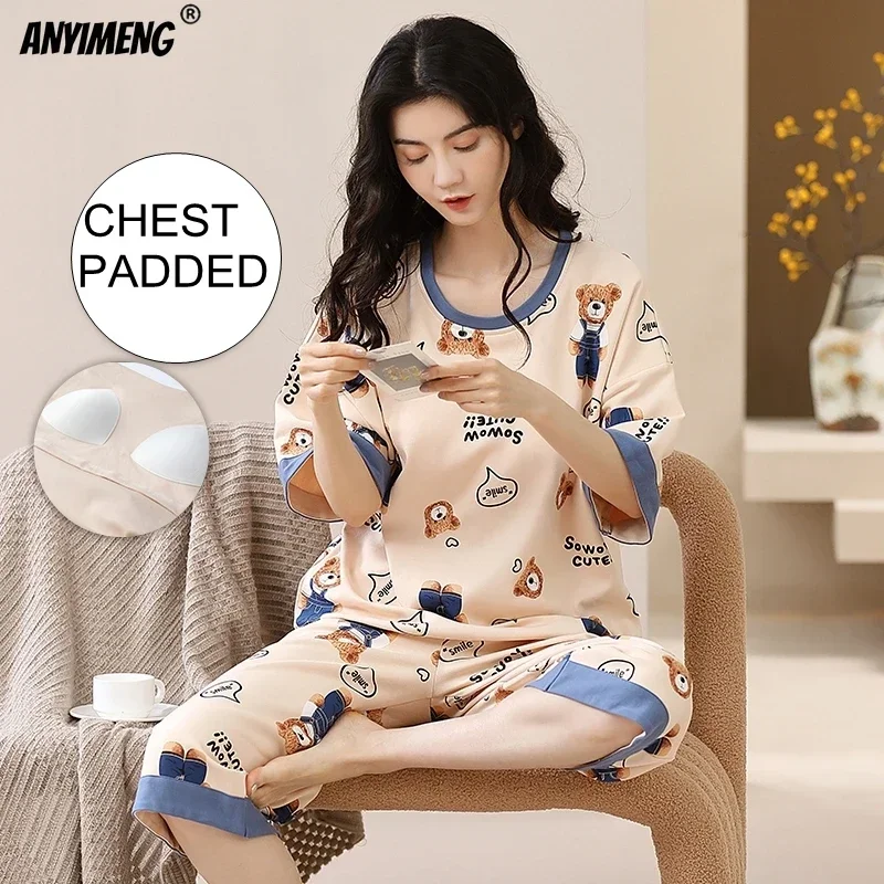 NEW Chest Padded Women Pajamas Set Summer Knee-length Sleepwear Plus Size M-5XL Big Woman's Pyjamas Casual Mid-calf Pants Pijama