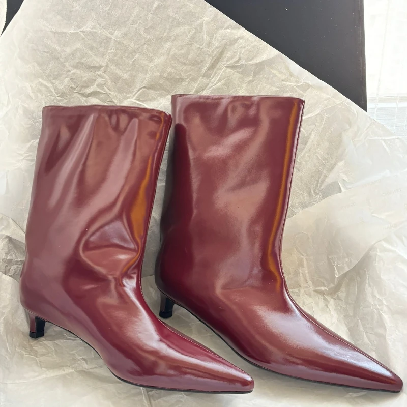 

Минималистичные универсальные широкие сапоги, женские сапоги среднего размера на остром кошачьем каблуке, короткие сапоги на среднем каблуке