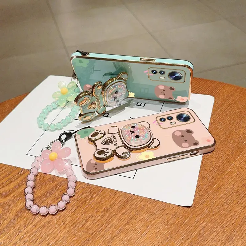 Mi12 Mi13 Flower Strap Lanyard Cute Bear Phone Holder Case On For Xiaomi Mi 12 12T 8 9 10 10s 11 11T 13 14 Lite Pro Stand Cover