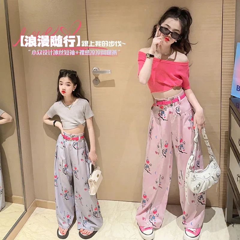 

Girls Summer Clothes Suit Fashion Children's Short Sleeve T-shirt + Printed Wide Leg Pants Two-piece Teenage Kids Outfits 4-15 Y