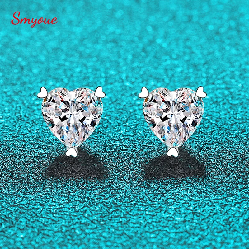 Smyoue 1ct Heart Cut Moissanite Stud Earrings for Women White Gold Plated 100% S925 Solid Silver Wedding Luxury Quality Jewelry