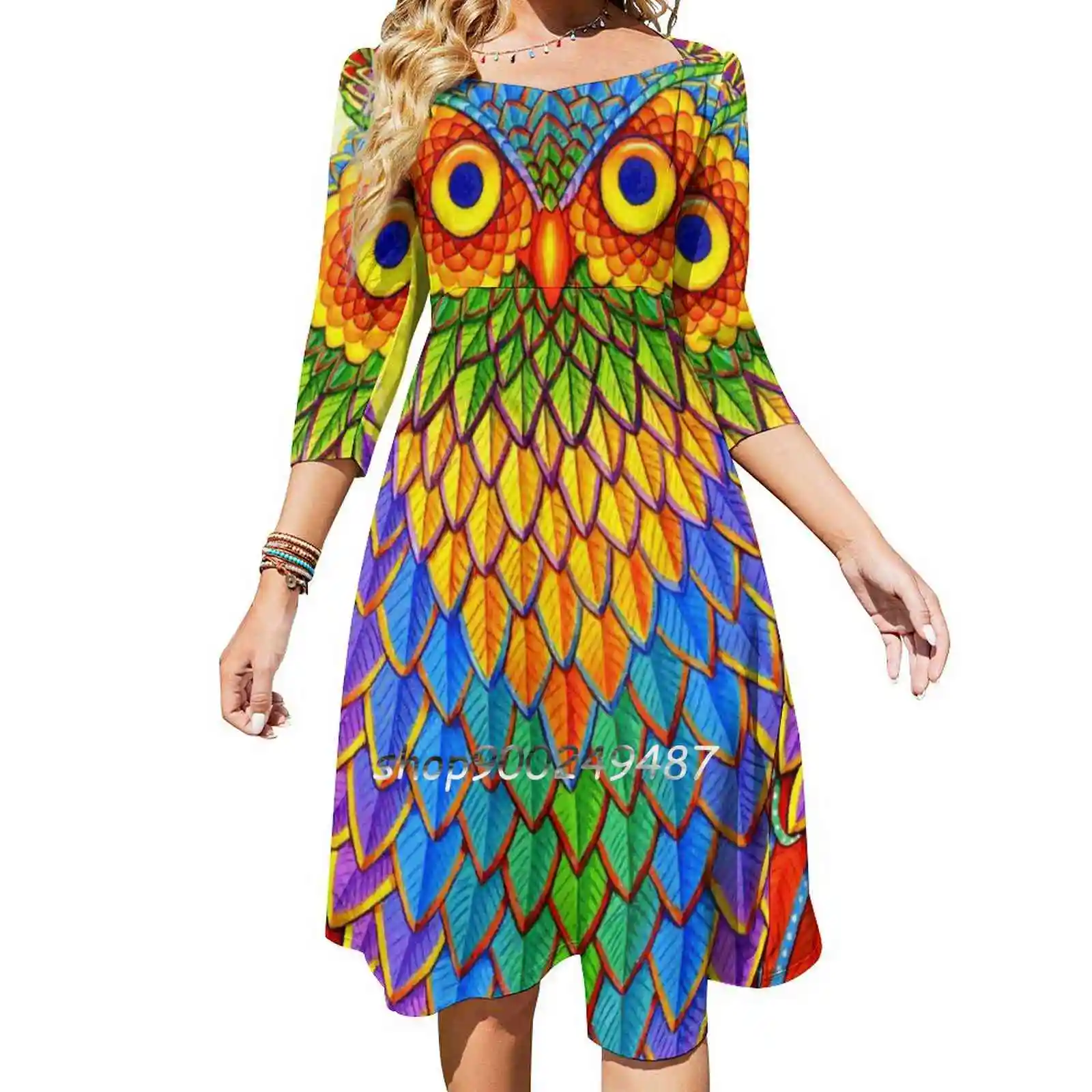 Colorful Psychedelic Rainbow Owl Women Casual High Waist Mini Dress Short and Long Sleeve Dresses Fashion Dress Owl Psychedelic