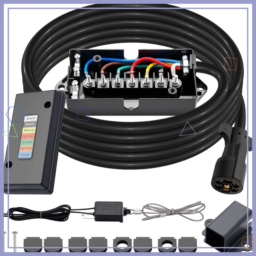 

15 FT 7-Way Trailer Cord Kit with Junction Box, Breakaway Switch, and Plug Holder for Trailers, RVs, Campers