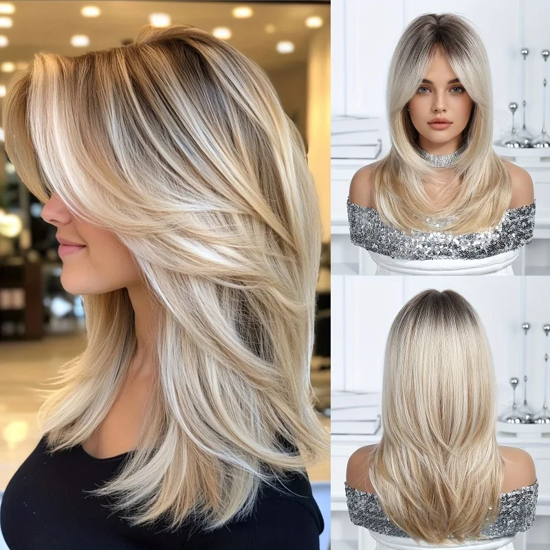 Natural golden medium-length synthetic wig with bangs, suitable for wearing in various occasions, wig accessories