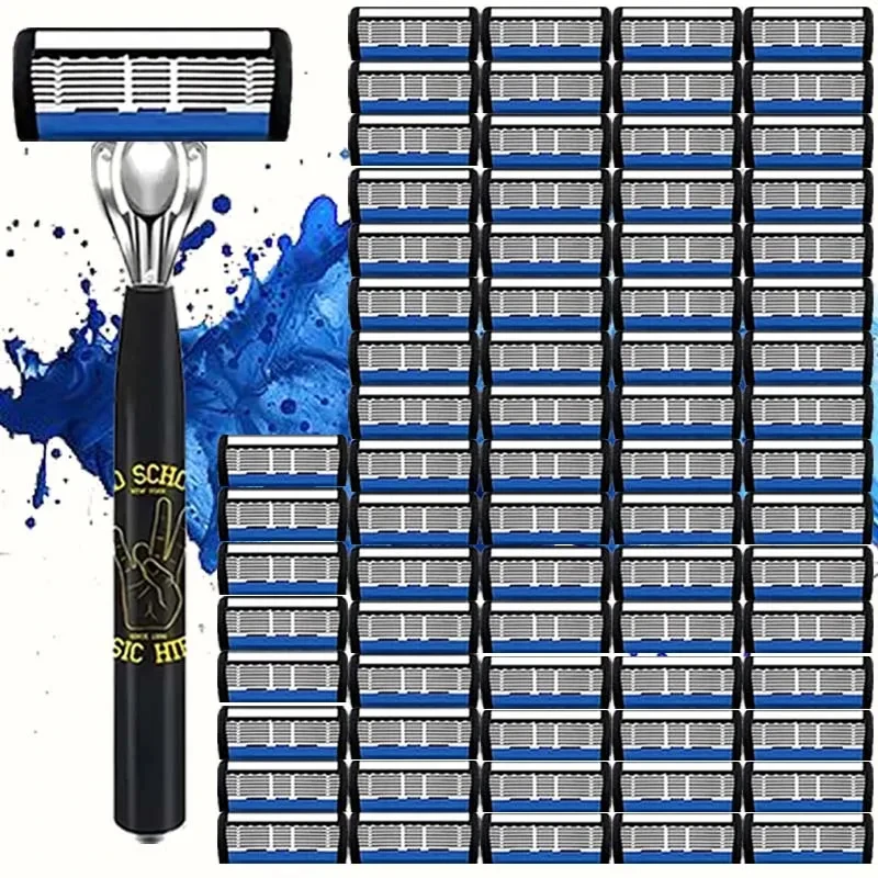 Manual Shaver with 6 Layers of Blades, Multiple Replacement Blades, and a Stylish Anti Slip Metal Handle Design,