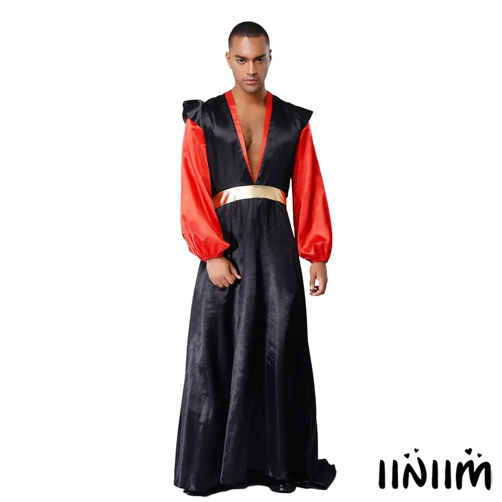 

Halloween Carnival Arabian Villain Robe Costume for Men Deep V Neck Long Sleeves Back Zipper Satin Outfit with Detachable Cape
