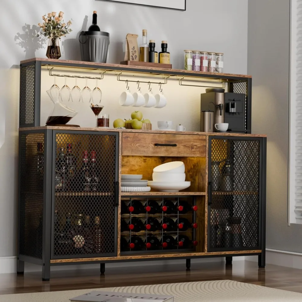 Large Bar Cabinet with Drawer Storage, Rustic Long Wine Cabinet with LED Lights, Farmhouse Wood Metal Liquor Cabinet with Wine R