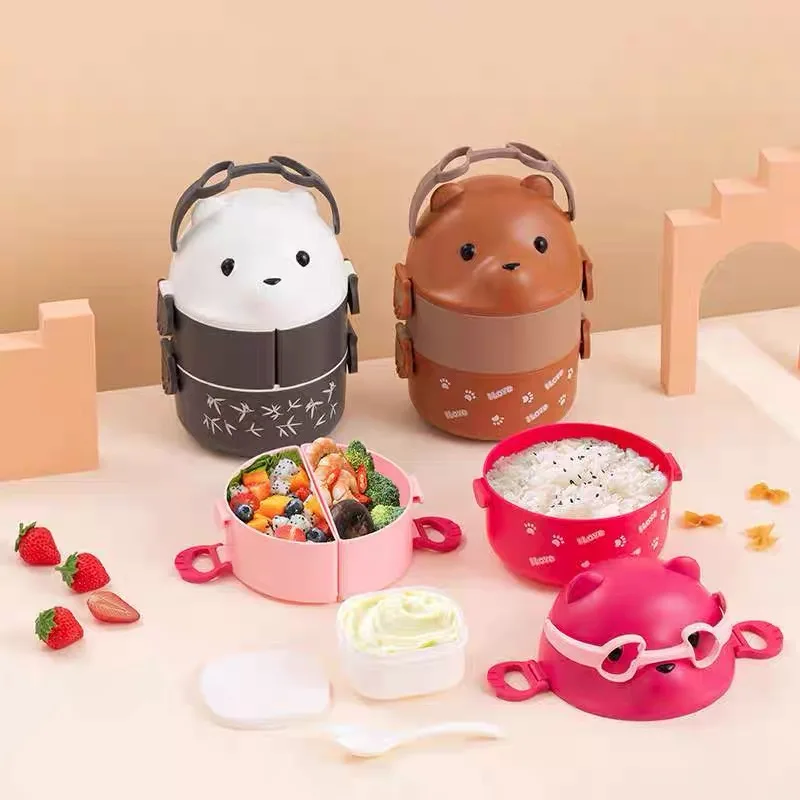 2 Layer Lunch Box Portable Insulated Lunch Container Stackable Bento Cartoon Eyeglass Bear Shape Food Storage Container For Kids