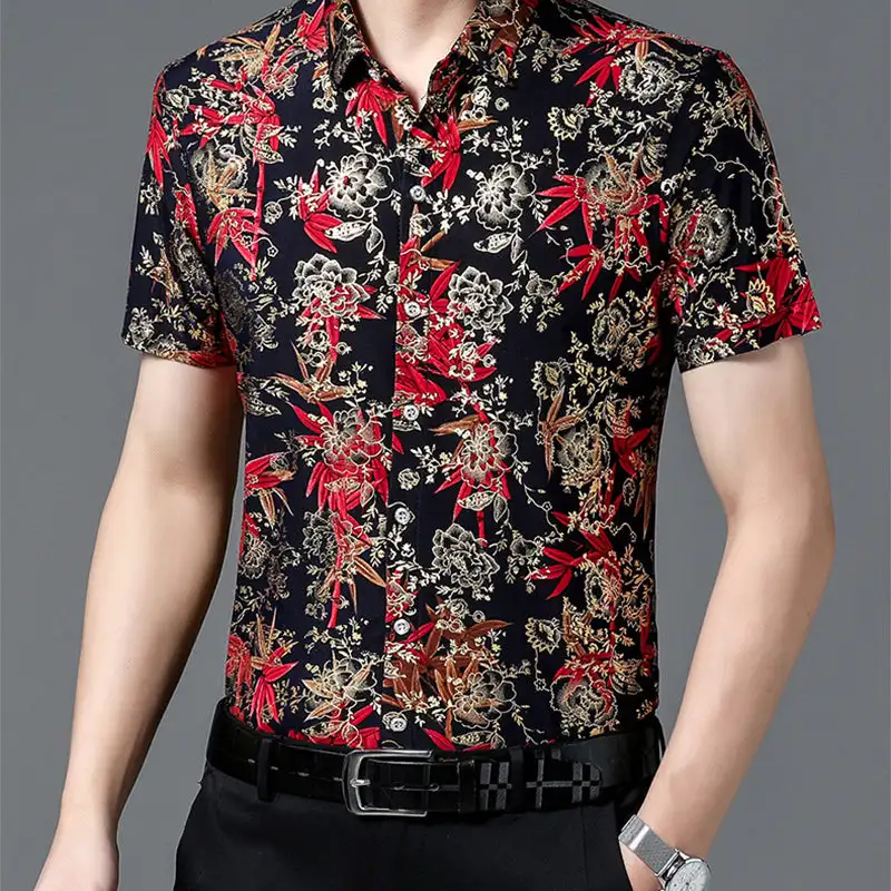 

Men's Short Sleeve Shirt Mercerized Cotton Summer Top Floral Print Breathable Non Ironing Casual Ice Silk Hot Stamping Thin Top