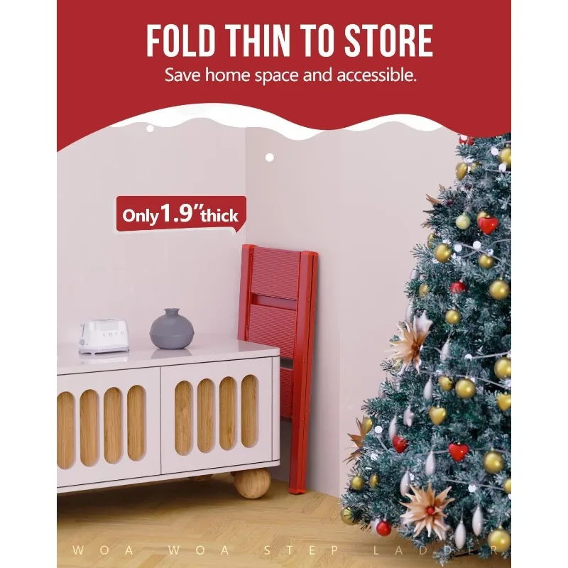 3 Step Ladder, Portable Step Stool to Reach High, Lightweight Aluminum Ladder 300 lbs Capacity, Foldable Compact Ladder