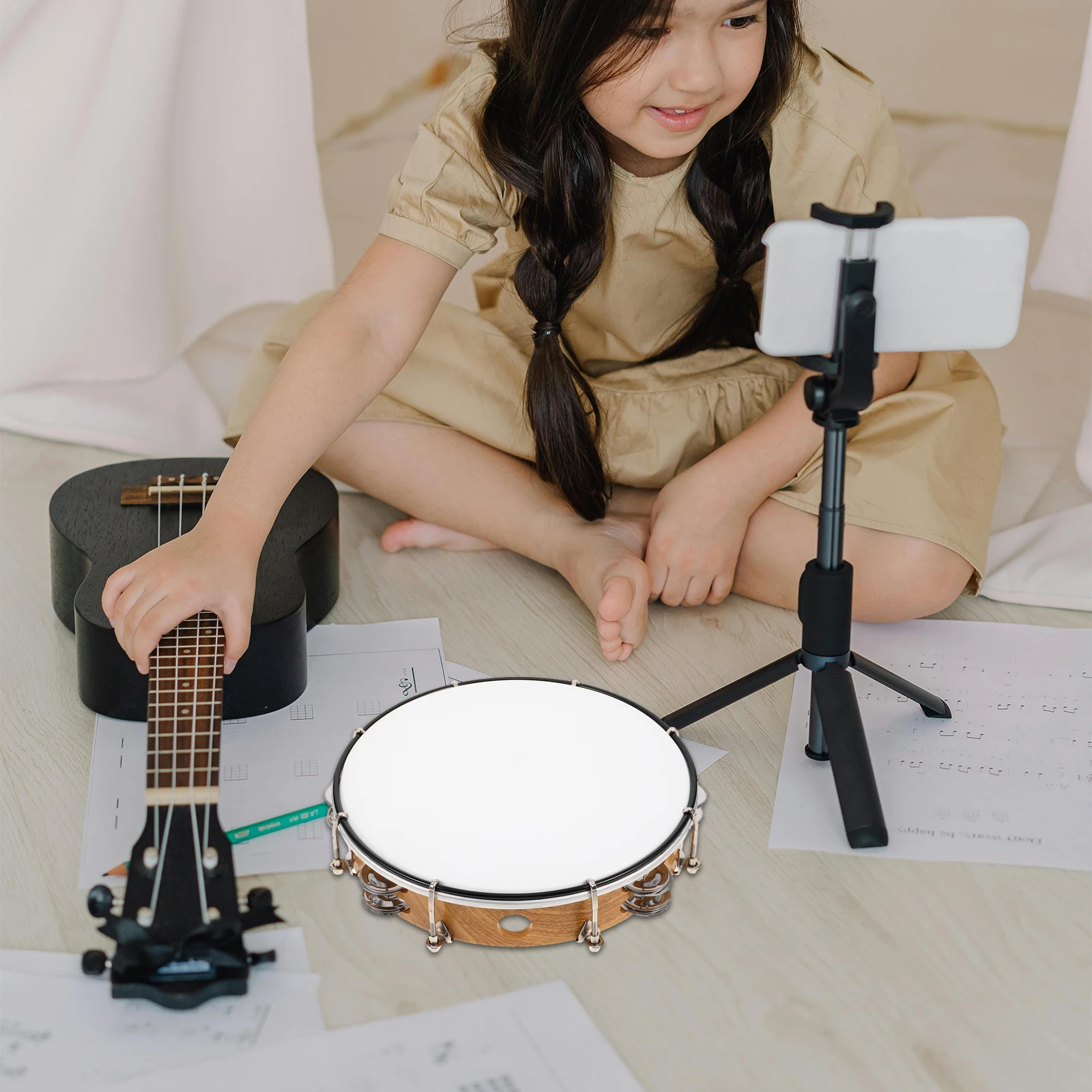 

10 Inch Color Tambourine Handheld Jingle Drum Adjustable Tuning Silver Smooth Finish Hand Percussion Instrument for Kids Adults