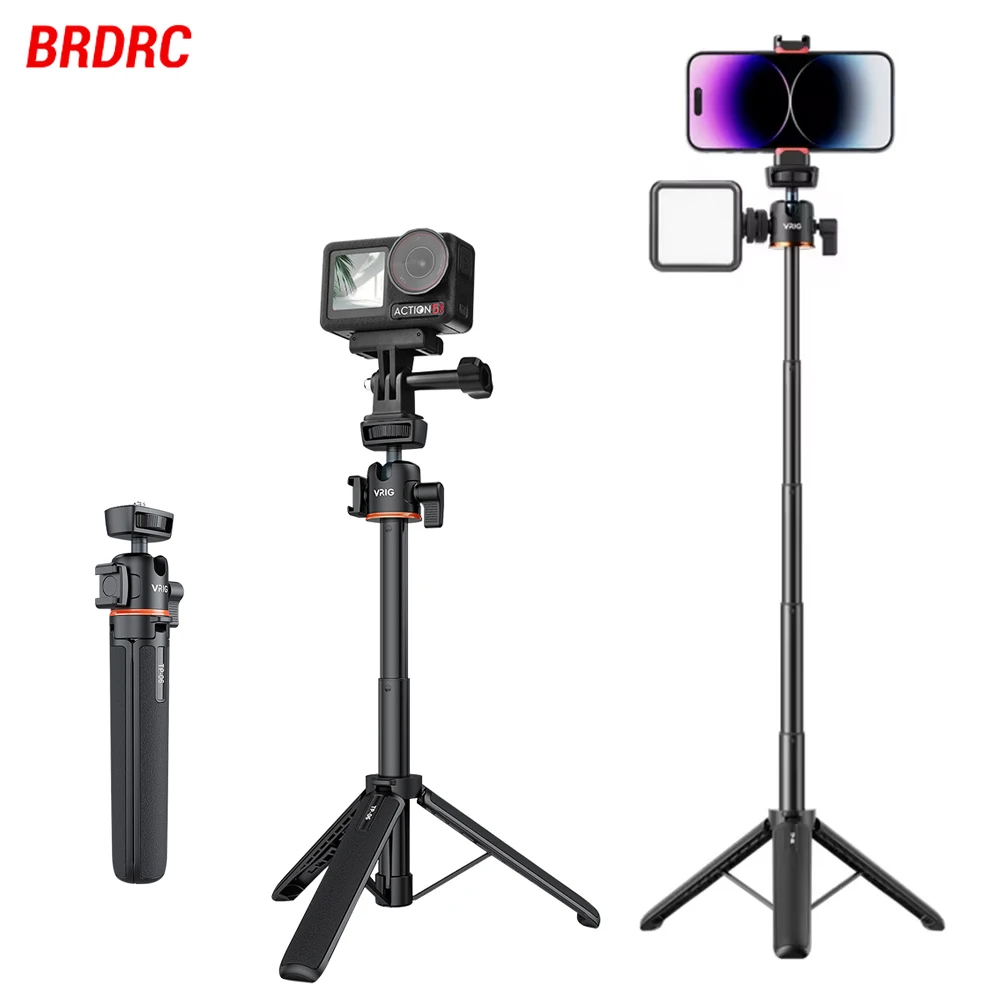 BRDRC Selfie Stick For DJI Pocket 3/Gopro 12/11/10/Action 5 Pro 54CM Aluminum Alloy Adjustable Retractable Height Holder Tripod