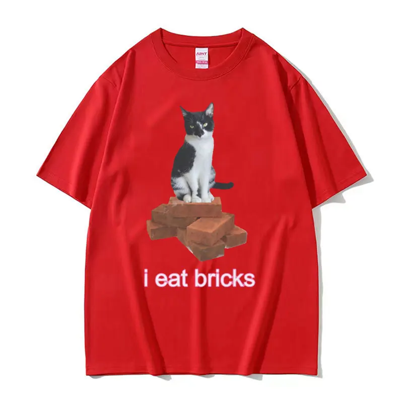 I Eat Bricks Cute Cat Funny Meme Graphic T-Shirt Summer for Men Women Fashion Clothing T-shirt O-Neck Short Sleeve T Shirts Tops