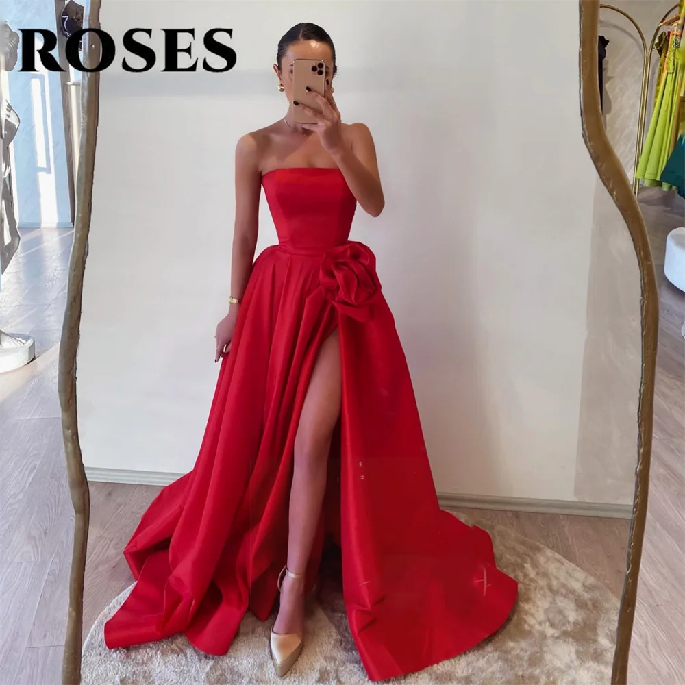 ROSES-Robe de Soirée Rouge, Ligne en Fibre, Plissée, Sans Bretelles, Sexy, Fente Haute sur le Côté, Tenue de Bal