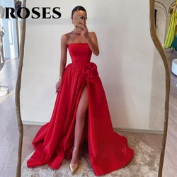 ROSES Red Evening Dress Sleeveless A-Line Party Dress with Pleats Strapless Vestido De Novia Sexy Side High Split Prom Dresses