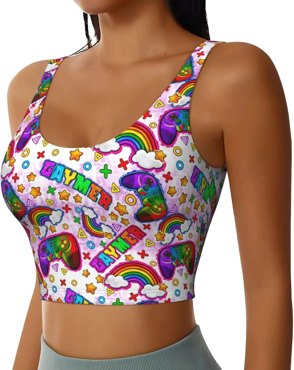 حمالات صدر رياضية بنمط قوس قزح للنساء، قمصان بدون أكمام للسيدات على شكل حرف U مع وسادات قابلة للإزالة لليوجا وصالة الألعاب الرياضية والجري وما إلى ذلك.
