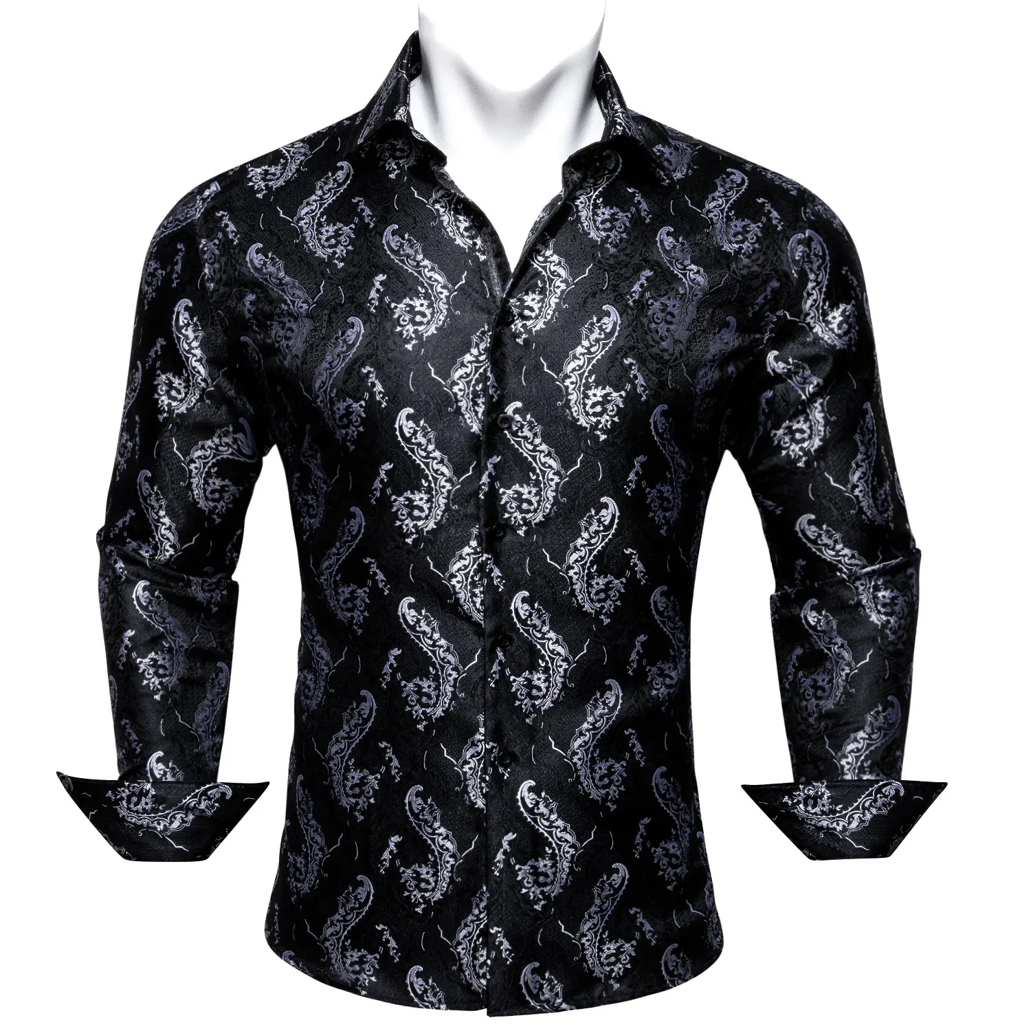 Classic Black Printed Embroidered Shirts for Men Silk Lapel Long Sleeve Exquisite Formal Fit Business Party Barry.Wang CY-0407