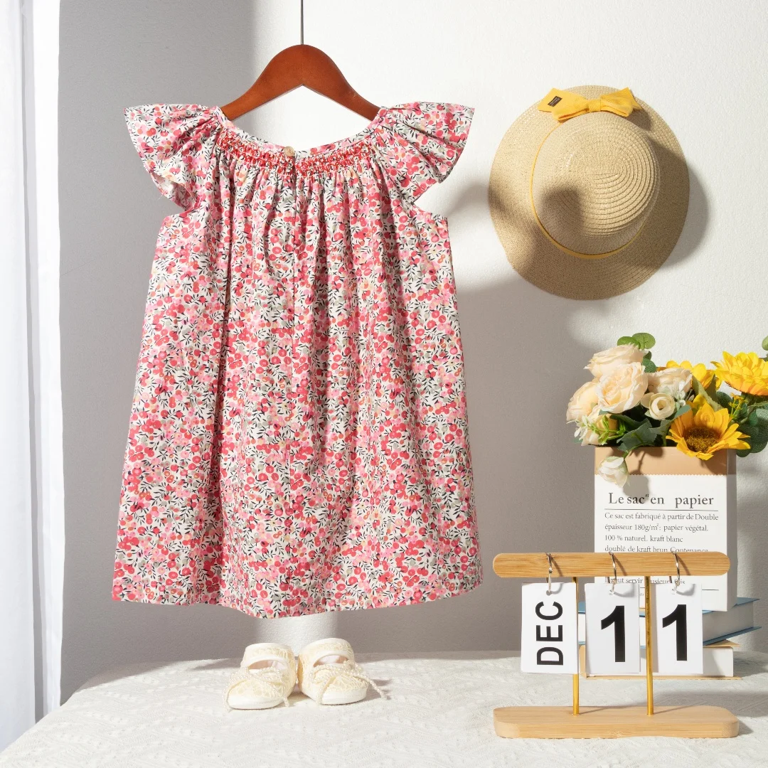 Blumen-Sommerkleid für Mädchen im Alter von 1, 2, 3, 4, 5, 6 Jahren, Smockdesign mit fliegenden Ärmeln, für Babys und Kleinkinder, tägliche süße Kleidung – Detail 10
