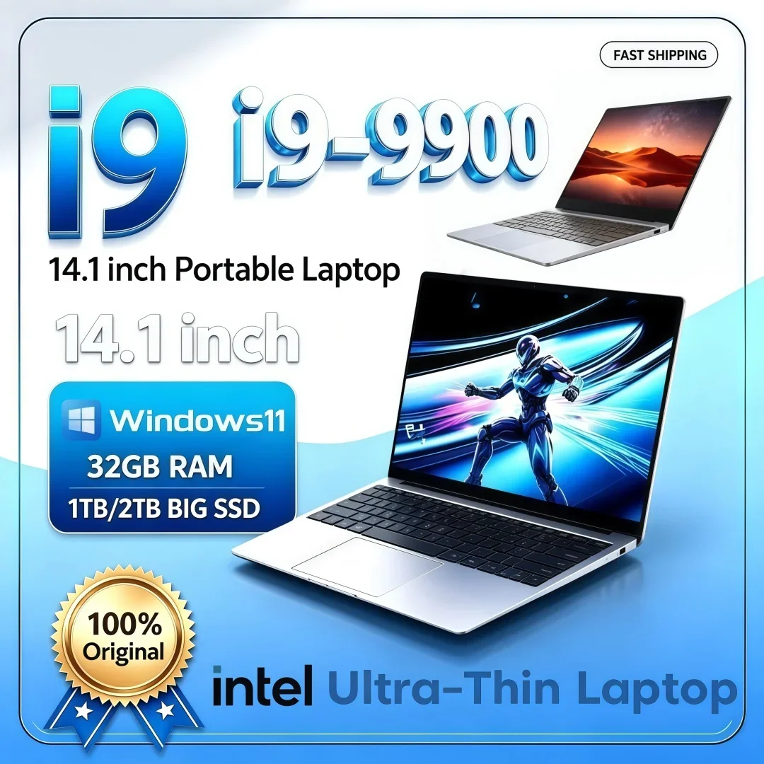Laptop Intel i9-9900 14.1 Inch Premium Slim 2026 Office Study Computer Windows11 16GB/32GB RAM 1/2TB Large SSD