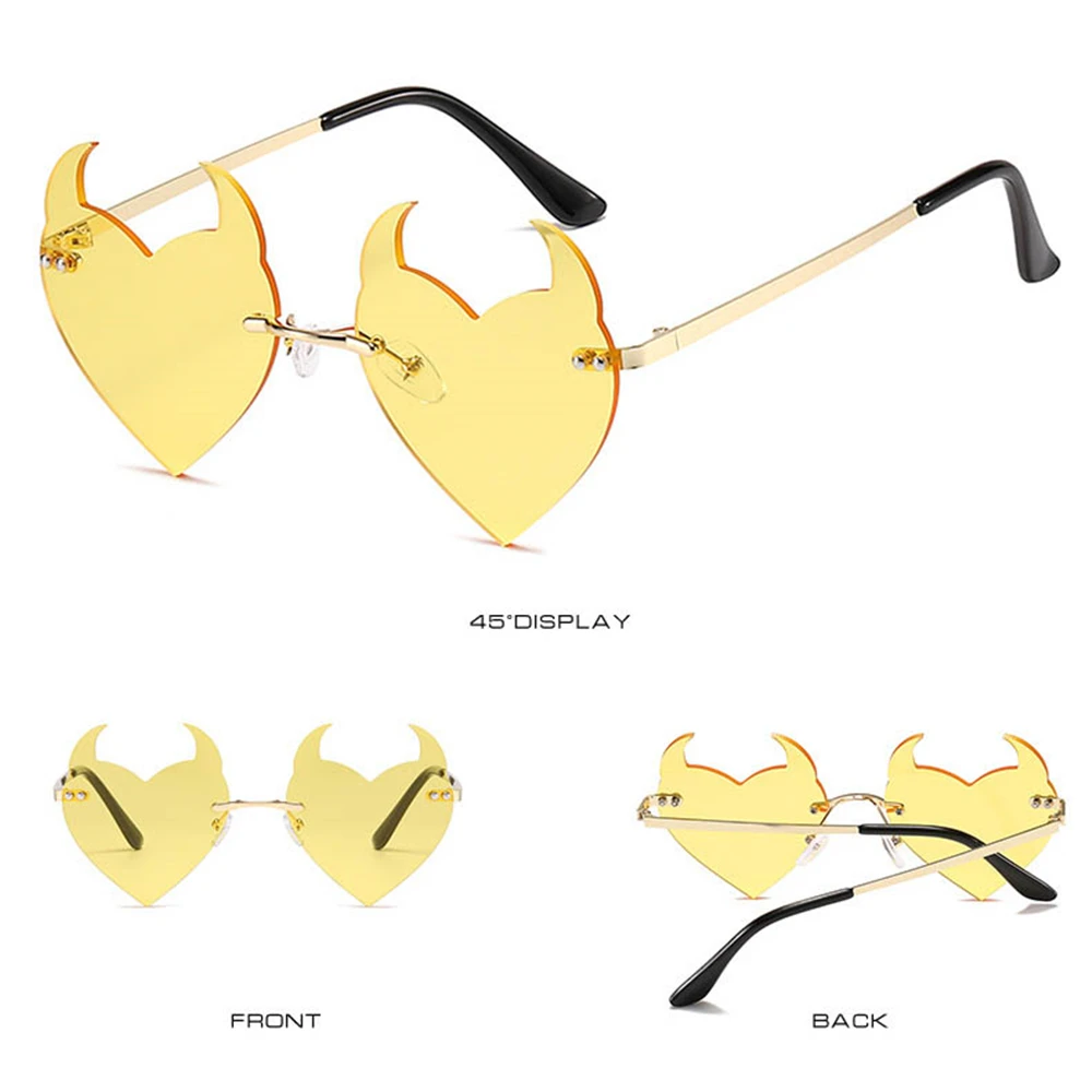 Men Party Sun Glasses UV Protection Halloween Decoration Rock Horn Devil Ear Heart Shape Fashion Glasses Rimless Sunglasses