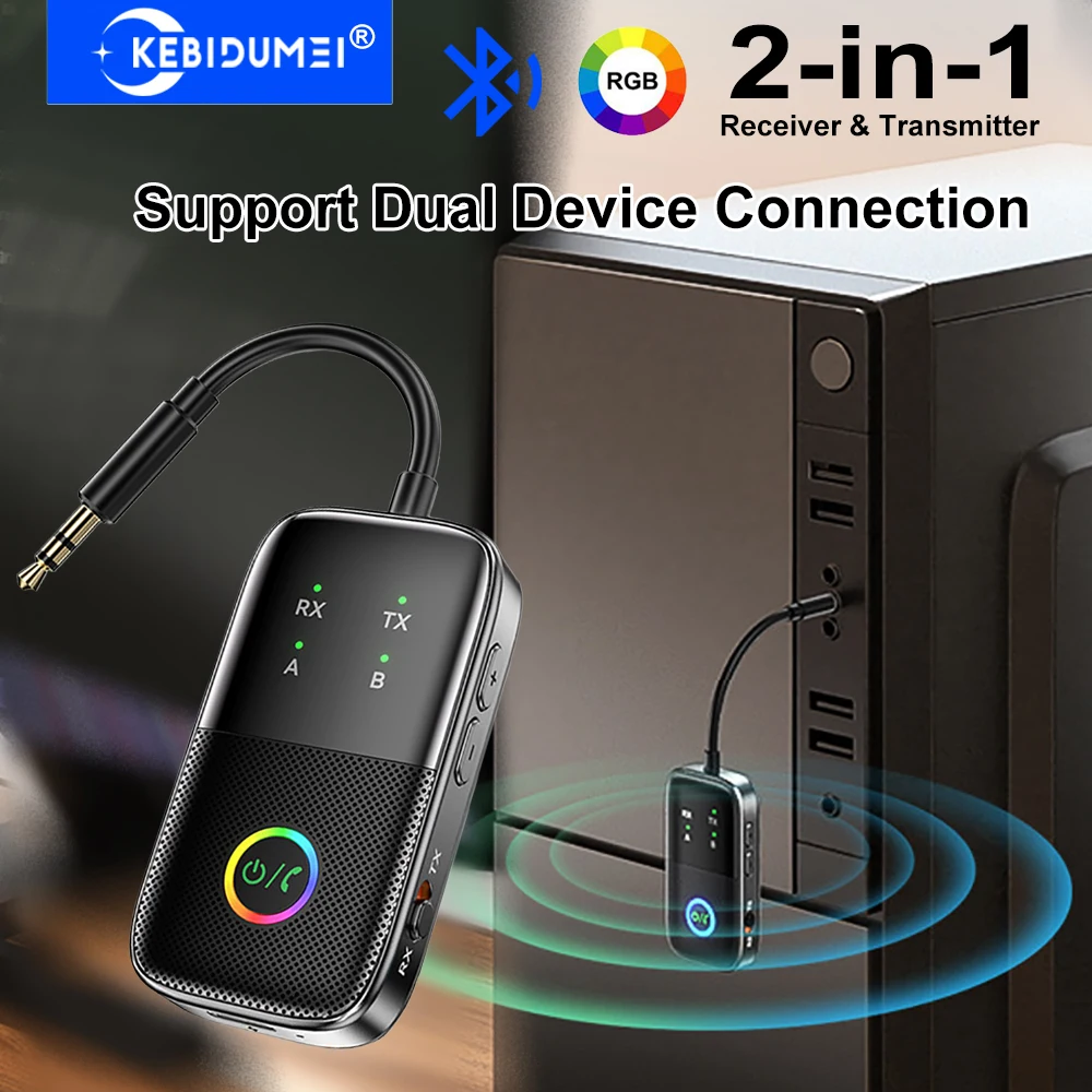2-in-1 무선 어댑터 Bluetooth 송신기 수신기 자동차 헤드폰 앰프 용 RGB 효과가있는 듀얼 장치 연결