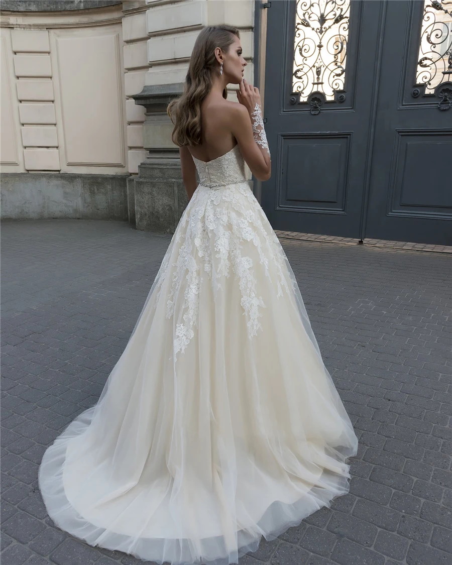 Vestido de novia a la moda sin tirantes, con Apliques de encaje, cinta de cristales, champán, ligero, para boda