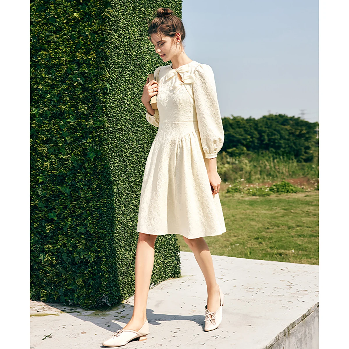 OLrain Frauen Elegante Tee-pause Kleid 2025, Herbst Puff Langarm Französisch Kleider Solide Jacquard Bogen Frau Kleidung O23CL 69329