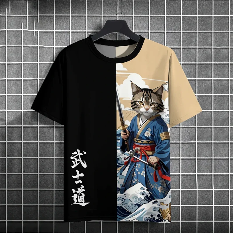 

Japanese Samurai T Shirt For Men Personality Cat Animal 3D Printed Short Sleeve Tees Summer Casual Tops Oversize Street T-Shirts