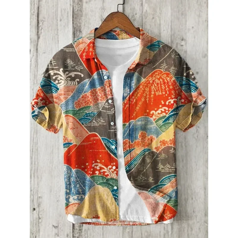 Herren Sunset Sea Waves Print Kurzarm Freizeithemd Harajuku Sommer Hipster Button Down Shirts Harajuku Strand Hawaiihemd