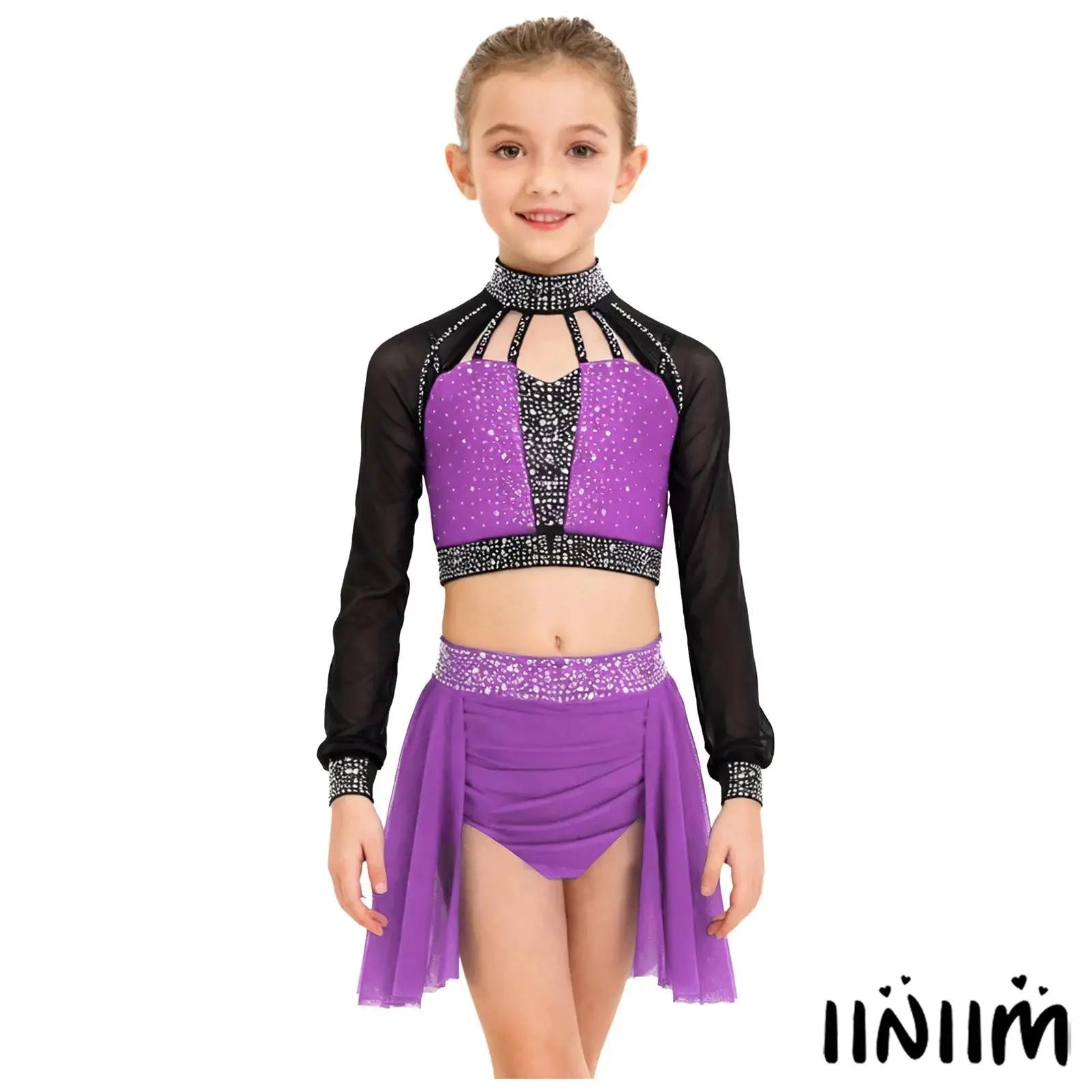 2-teiliges Bauchtanz-Outfit für Kinder, Mädchen, lange Ärmel, Träger-Crop-Top mit gerafftem Netzrock, lyrische Eiskunstlauf-Tanzkleidung