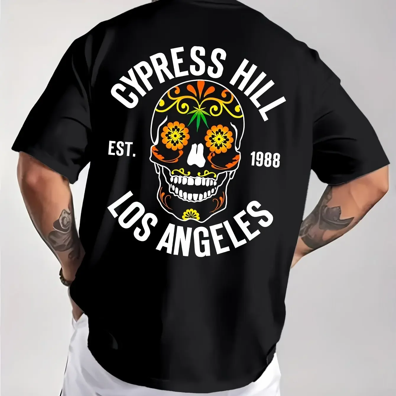 Los Angeles 1988 Sugar Skull Pattern Herren-T-Shirt aus reiner Baumwolle Hip Hop Street Top