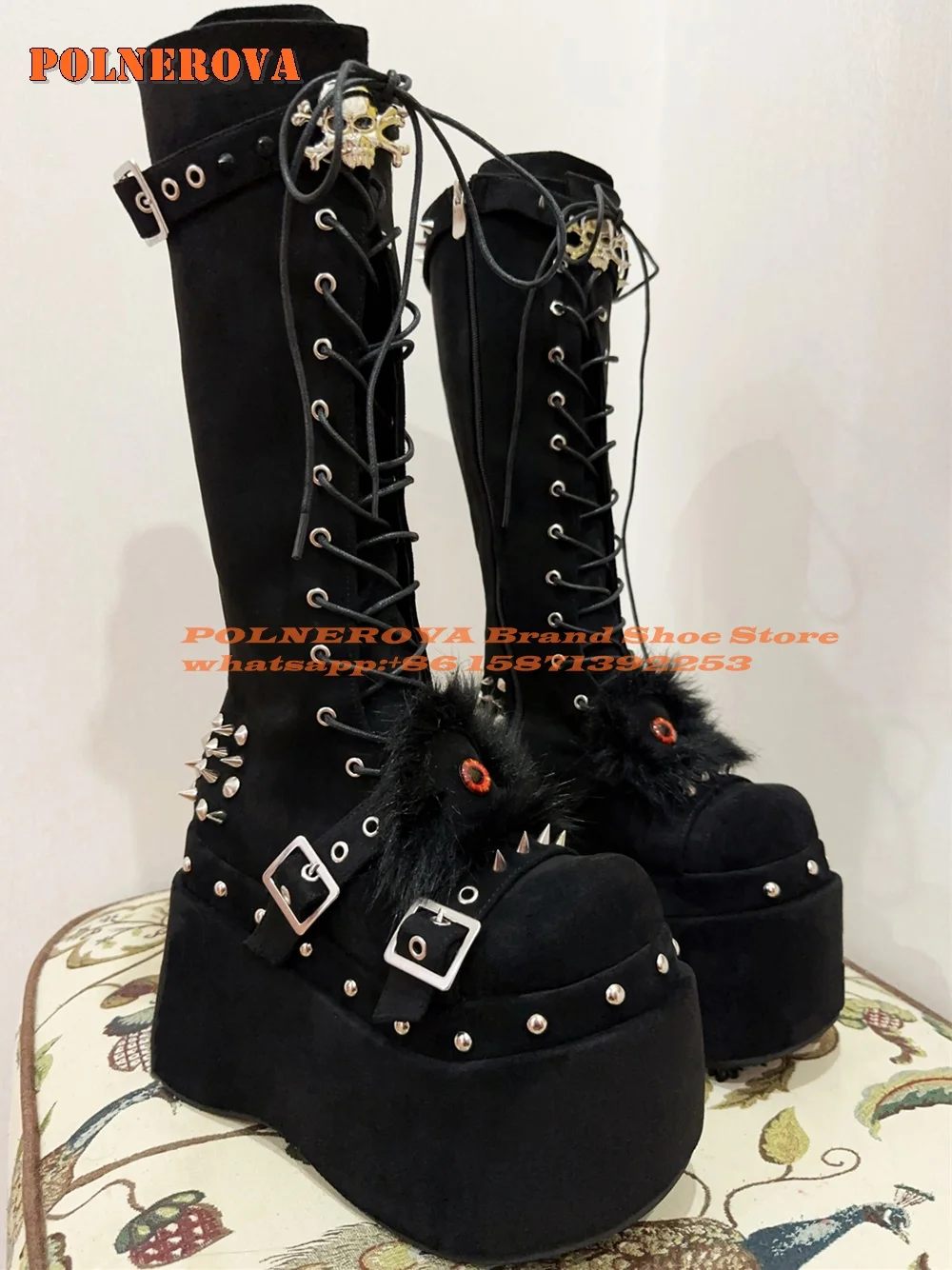 

Platform Skull Plush Eyeballs Rivet Punk Boots Round Toe Height Increasing Belt Buckle Cross Tied Knee High Boots Subculture