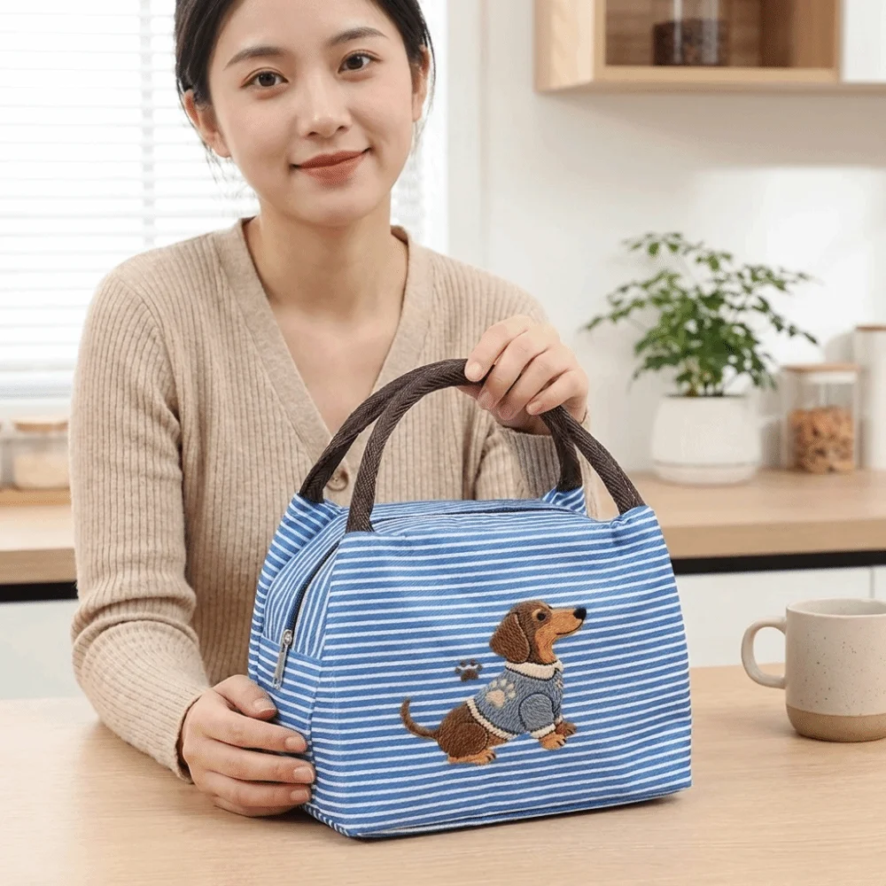 Reusable Puppy Embroidery Thermal Lunch Bag Striped Insulated Tote Bag Portable Handheld Food Container Bag Travel