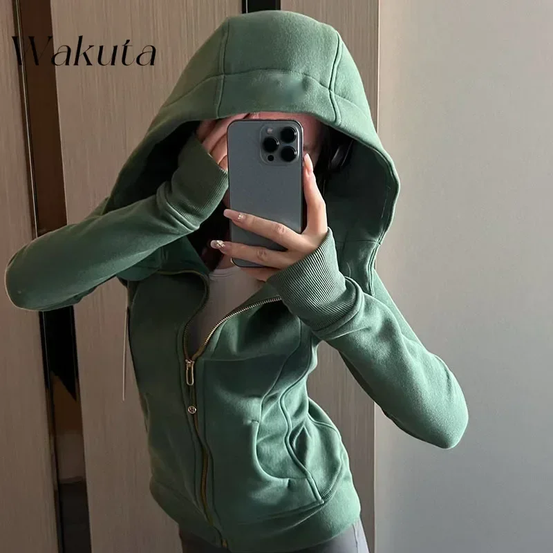 WAKUTA French Home Fall Hooded Long-sleeved Slim Zipper Sweatshirt Fashion Thin Velvet Embroidered Hoodies Yoga Sports コダック ポケモン