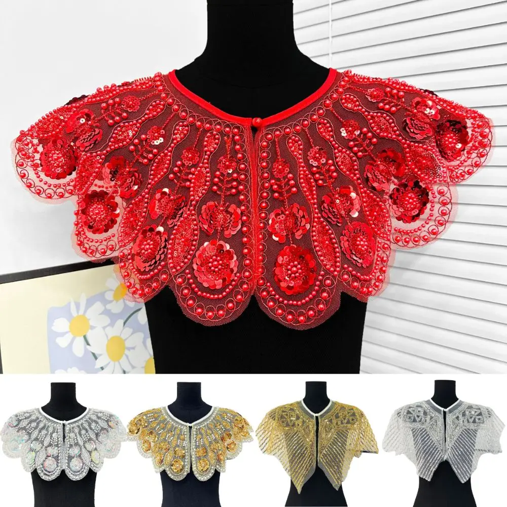 Detachable False Collar Beaded Design Sequined Embellishment Embroidery Neckline Embroidered Pattern Lace Texture Flapper Shawl