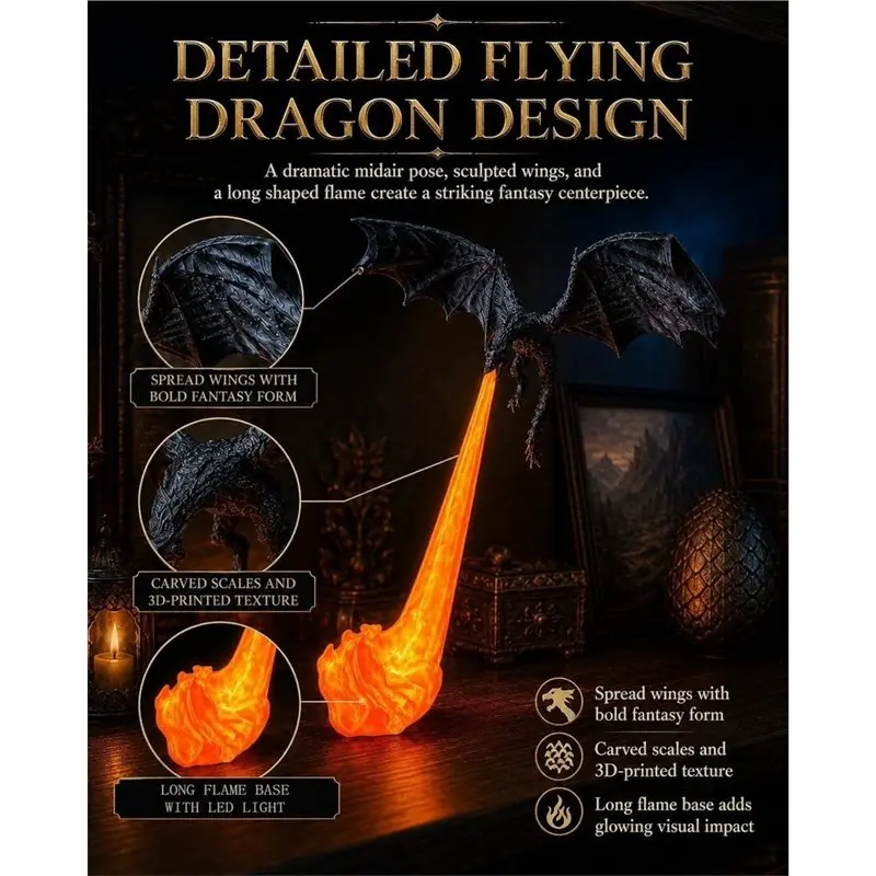 ABYN-Dragon Bookshelf Nook Light,3D Printed Fire-Breathing Fantasy Shelf Decor Flying Dragon Design Halloween Shelf Display