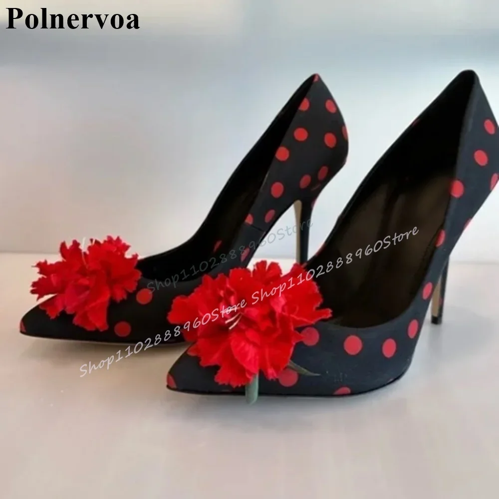 

Black And Red Dot Flower Decor Pumps Thin High Heel Shoes For Women Slip On Pointed Toe 2025 Fashionable Zapatos Para Mujere