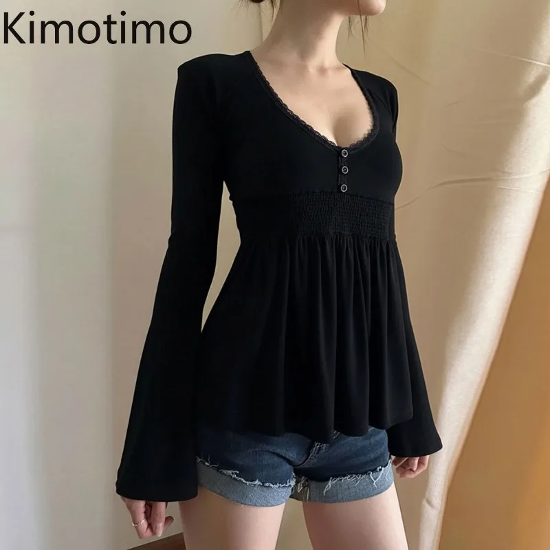 Kimotimo Simple Black Long Sleeve Tees Women Vintage Lace Patchwork Button Folds Waist Slim Fit T-shirt Y2k Aesthetic Goth Tops