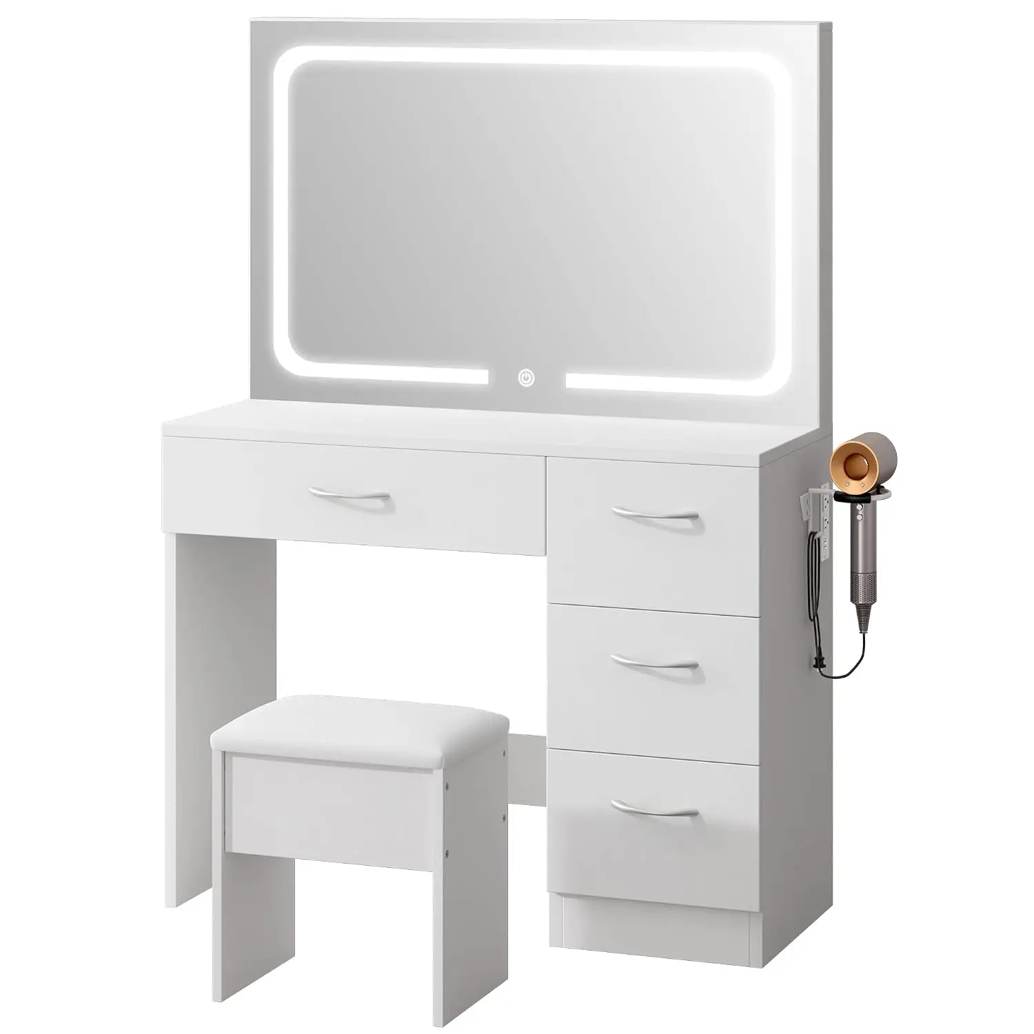 White Vanity Desk Set with Full-Width LED Mirror & Stool 3 Lighting Modes Charging Station 4 Drawers, Customized