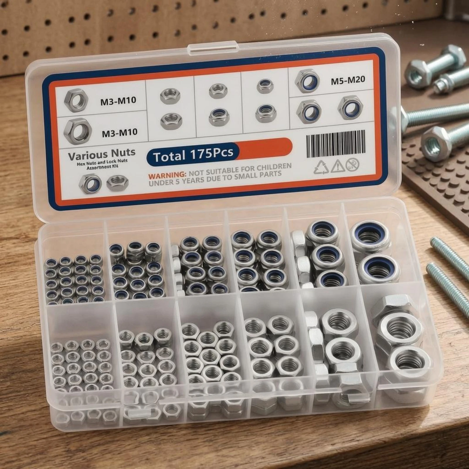175 Pieces Metric Lock Nut Set Hexagonal Hex Nut Assortment Nylon Insert Lock Fasteners Silver Finish Hardware Fasteners