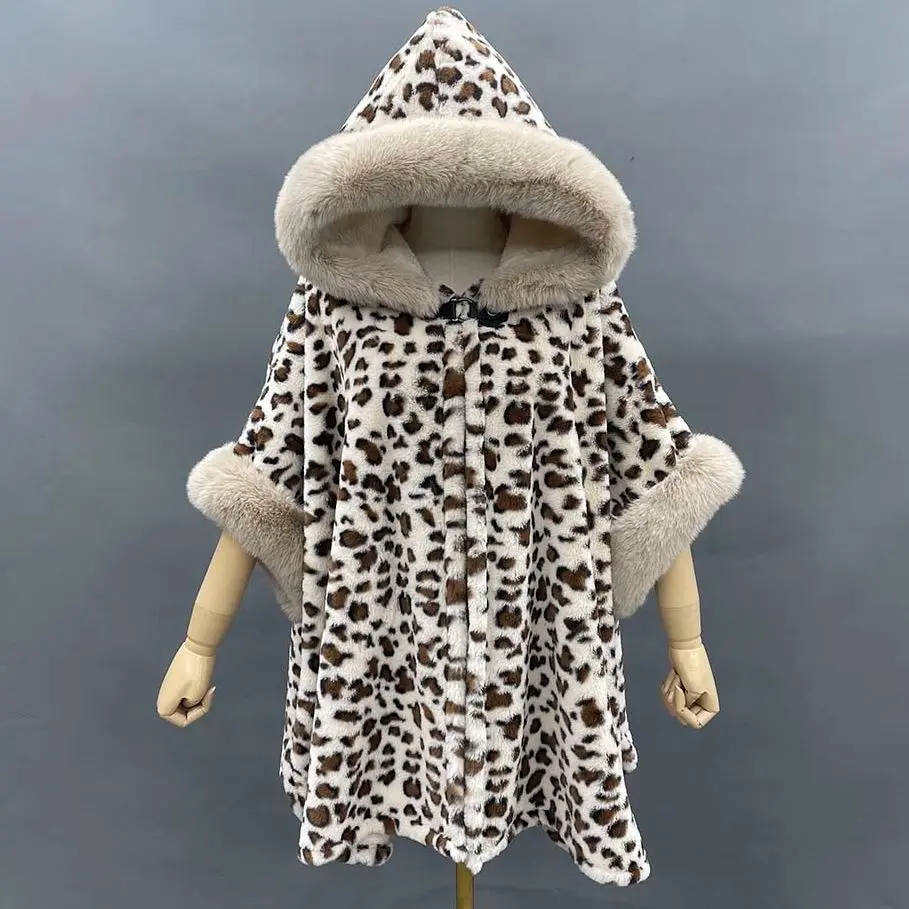 

JANEFUR-Fleece Lined Cloak with Hood for Women, Leopard Faux Fur Cape, Thick, Warm, Soft, Wholesale Lady Winter Poncho Coat