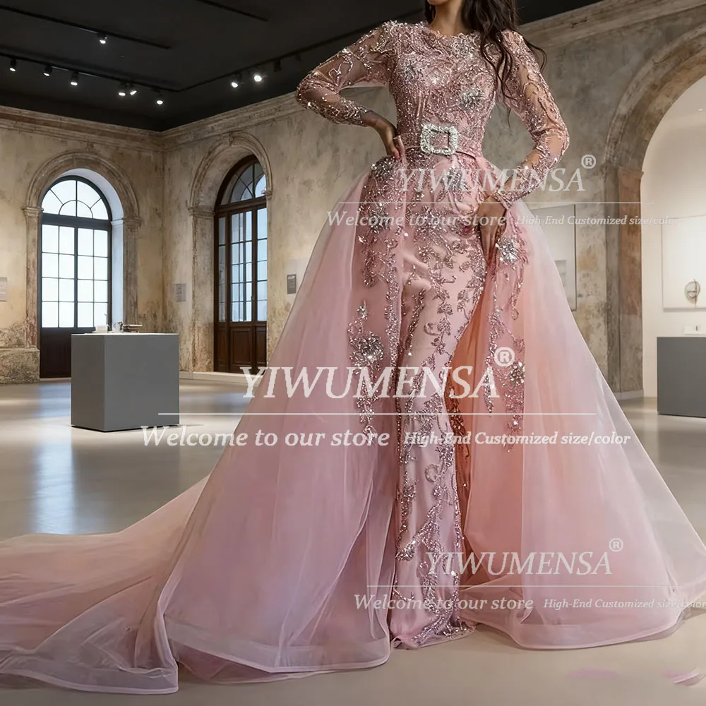 

Appliques Mermaid Prom Dresses Luxury Beaded Formal Evening Party Gowns Full Sleeves Remove Train Vestidos de gala Customized
