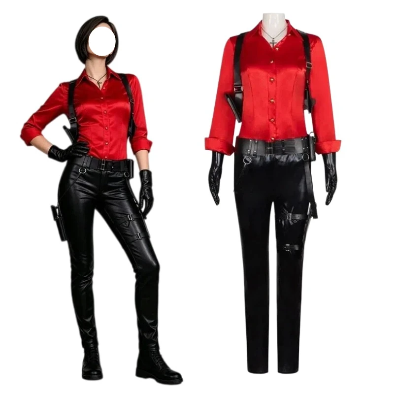Game Ada Wong Cosplay-Kostüm, rotes Hemd, schwarze Lederhose mit Zubehör, komplettes Set, Rollenspiel-Outfit für Damen