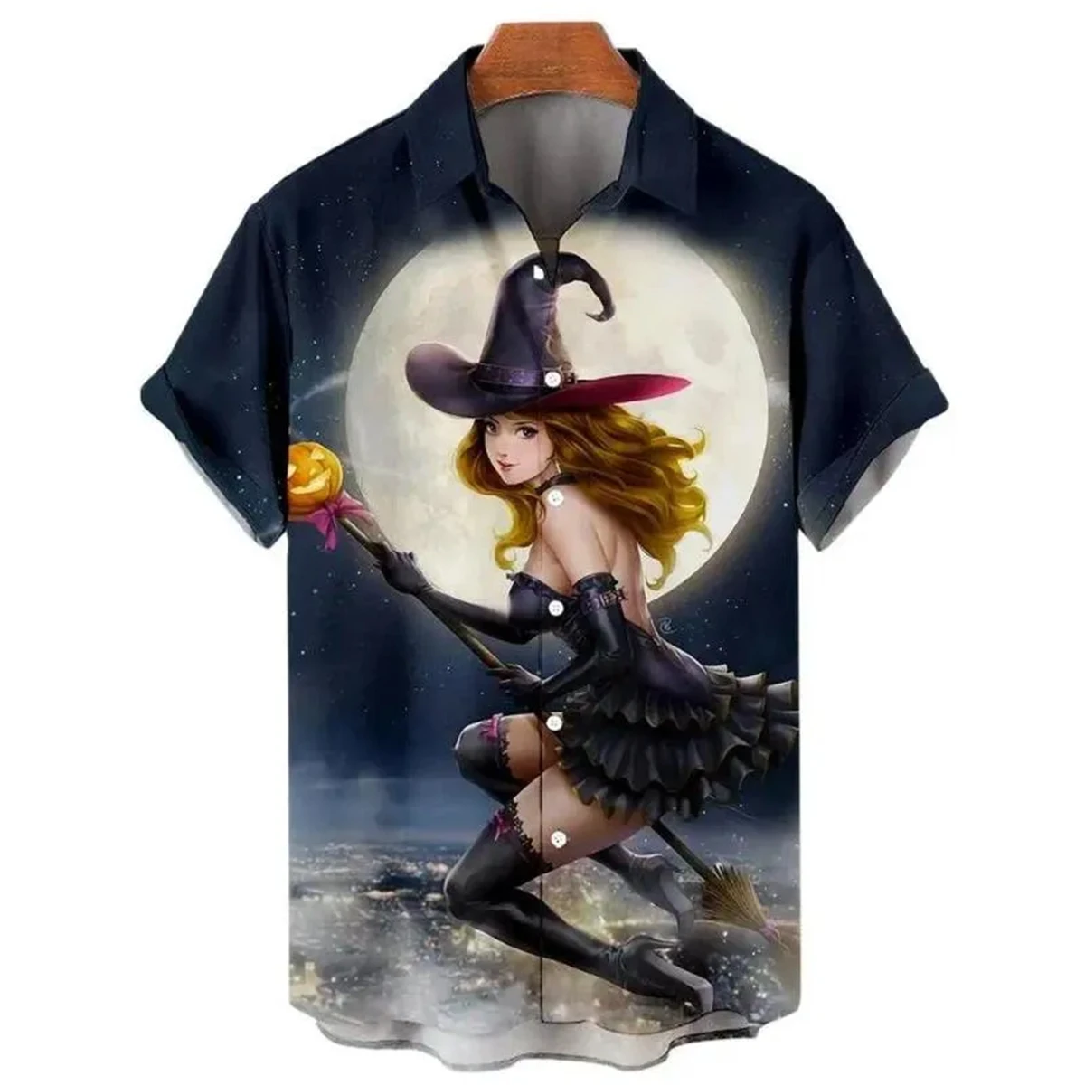 Flying Witch Print Men's Short Sleeve Shirt Hawaiian Lapel Casual Men's Tops Large Size Fashion Men's Shirt 2024 New Style